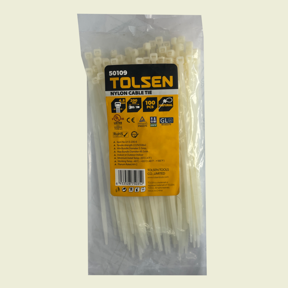 Tolsen 8" White Cable Ties 4.8mm Trinidad