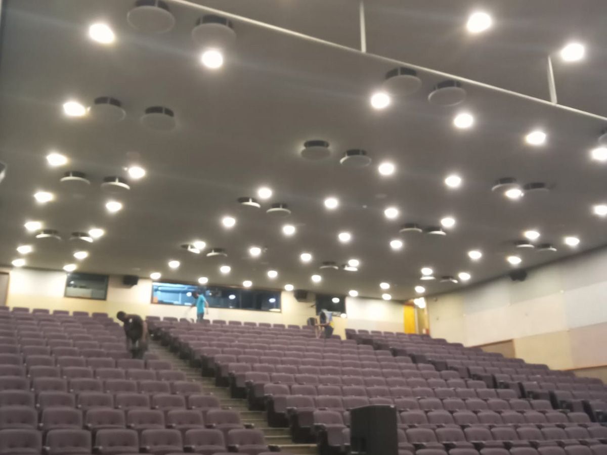 Auditorium ceiling with new lighting installed
