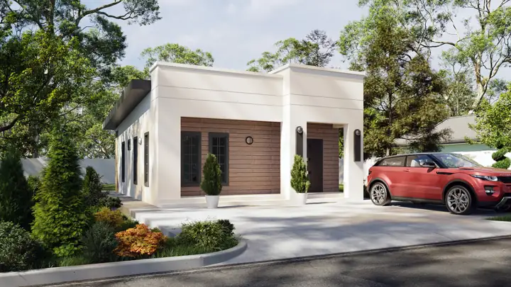 Deco Lite house plan rendering, 2 bed · 1 bath · 750 sq ft