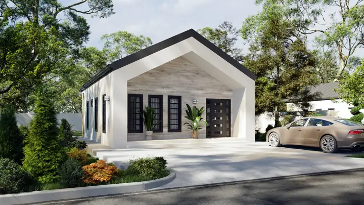 Moderna Lite house plan rendering, 2 bed · 1 bath · 750 sq ft