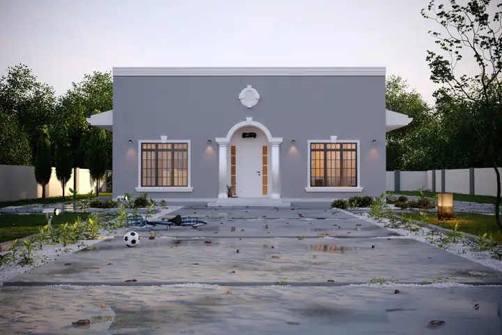 Deco house plan rendering, 2 bed · 1 bath · 1,000 sq ft
