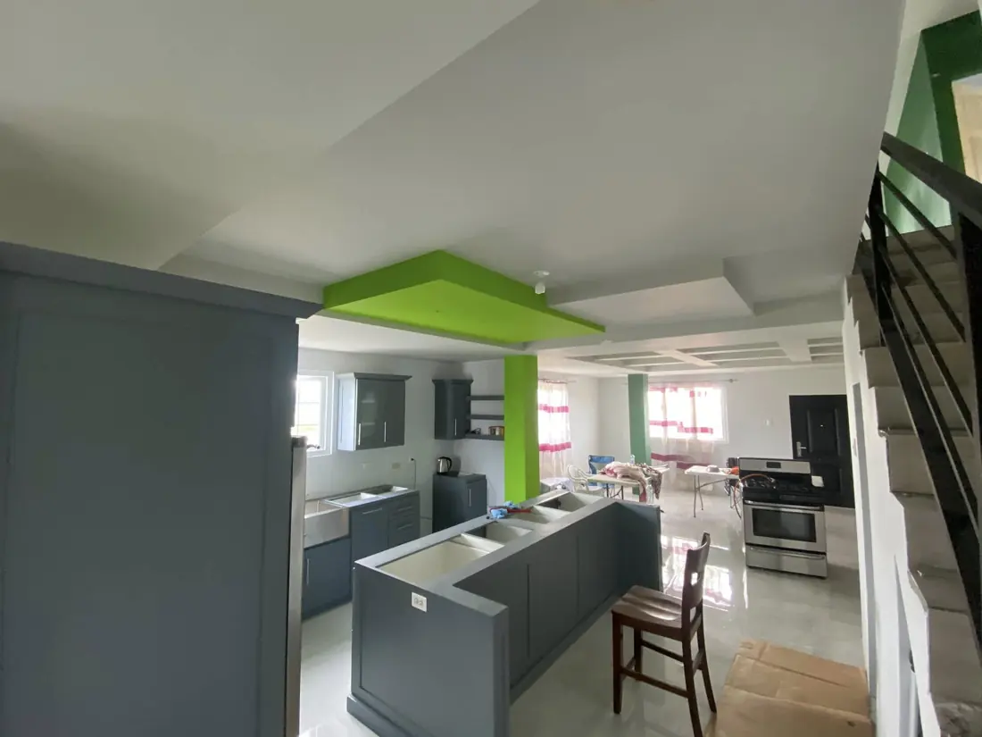 Open-plan kitchen with lime and grey scheme