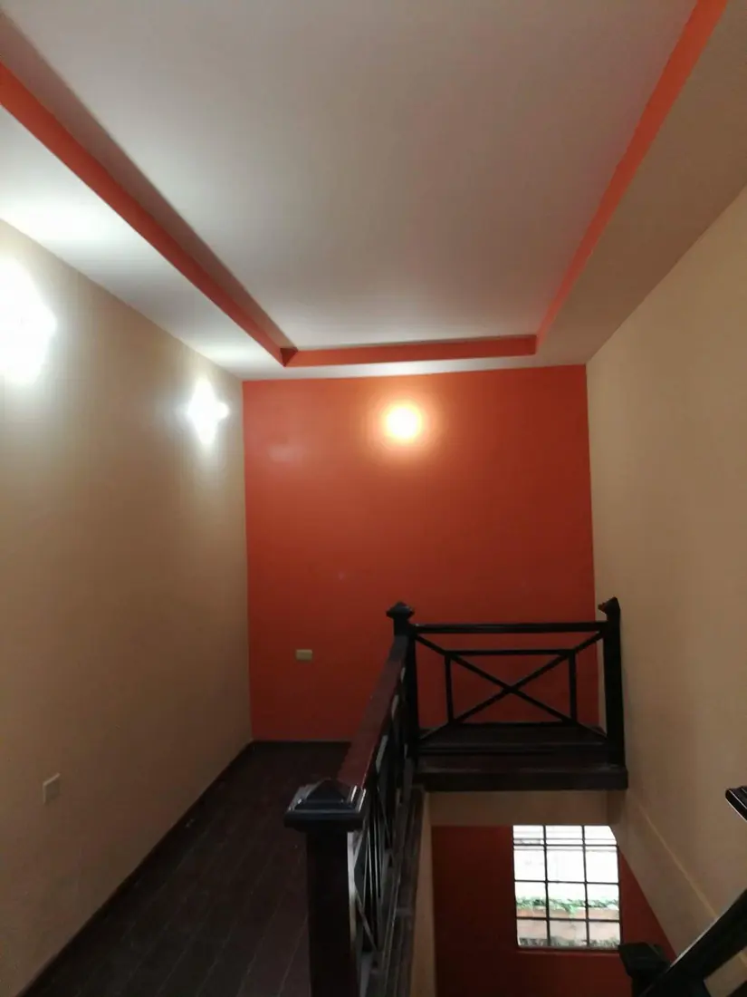 Hallway with a burnt orange feature wall