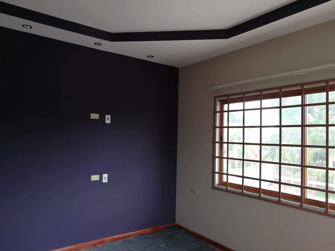 Purple accent wall with white window frames