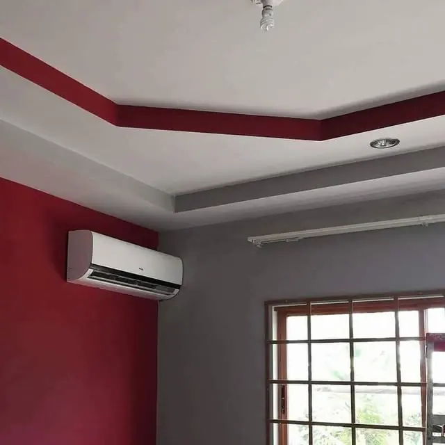 Red and grey interior with a white tray ceiling